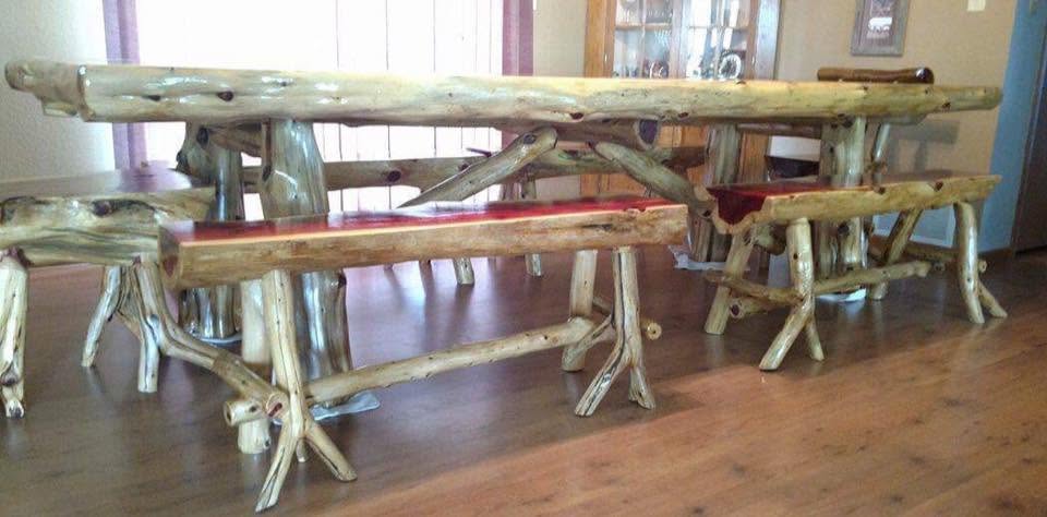 Long cedar dining table with benches