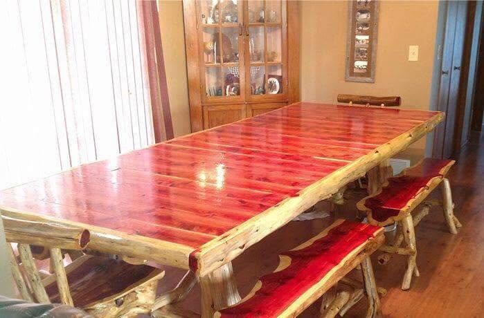 Cedar dining table with red epoxy river top