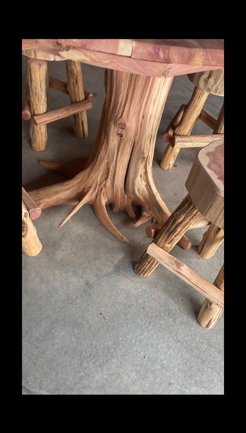 Round cedar table with matching stools