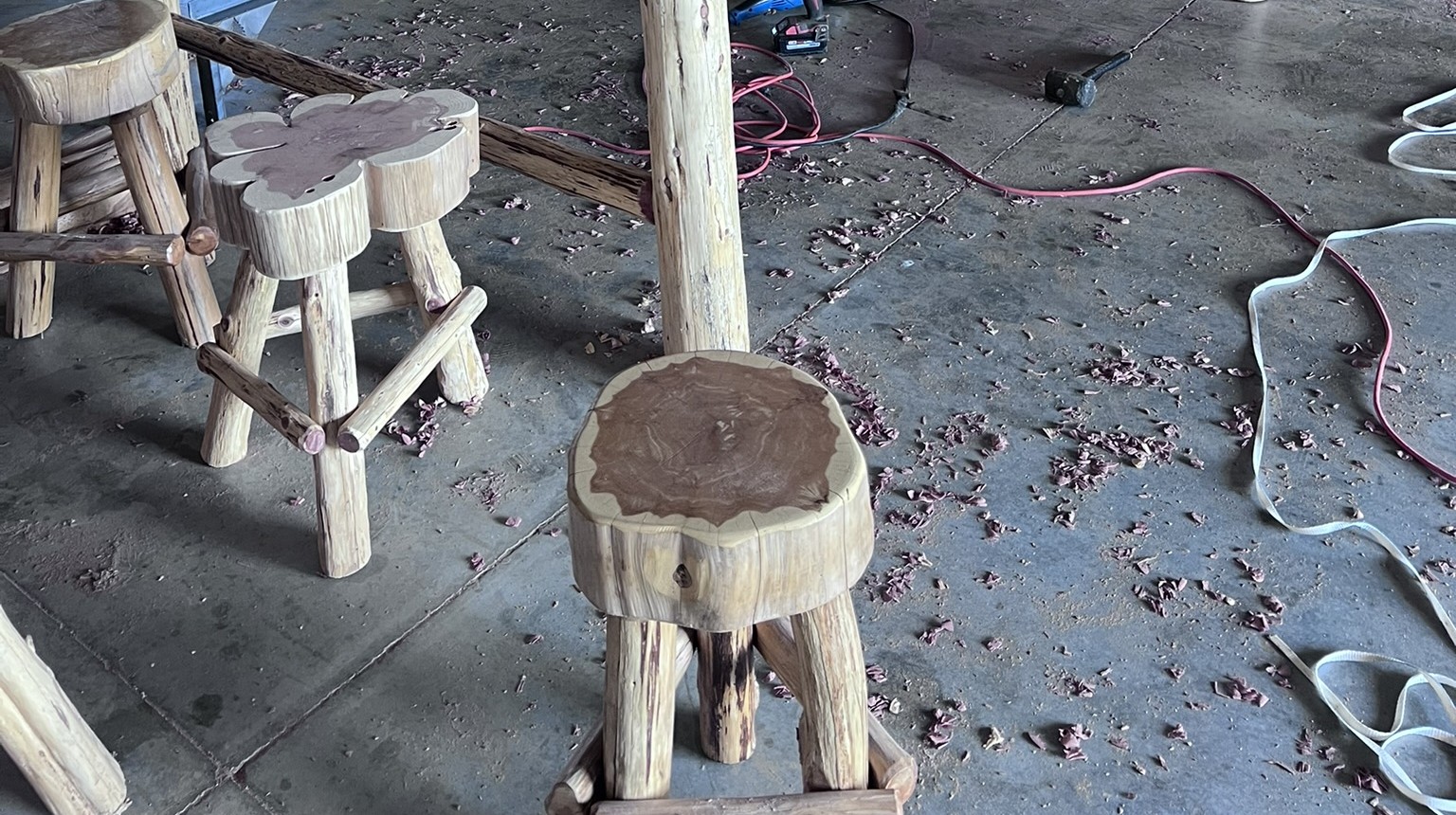Handcrafted cedar log stools