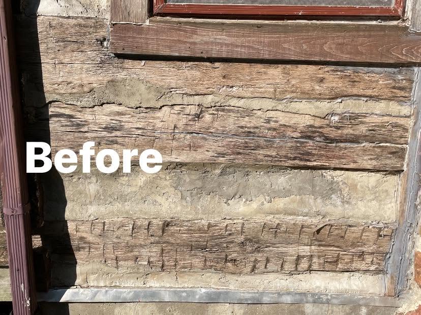 Before: deteriorated hewn log with historic inscriptions