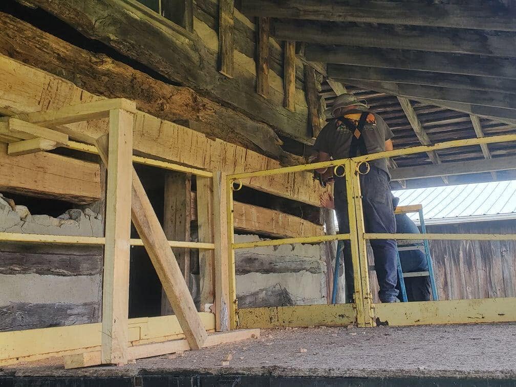 Timber supports installed during structural restoration