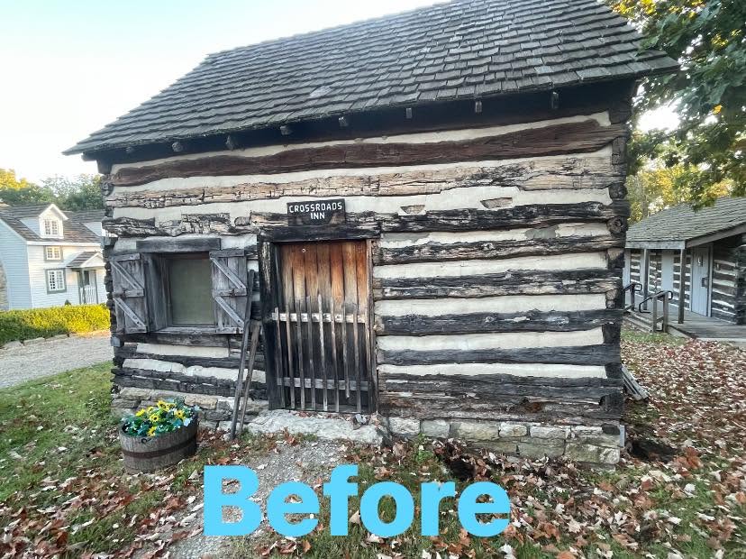 Before: rotted sill log beneath historic cabin window